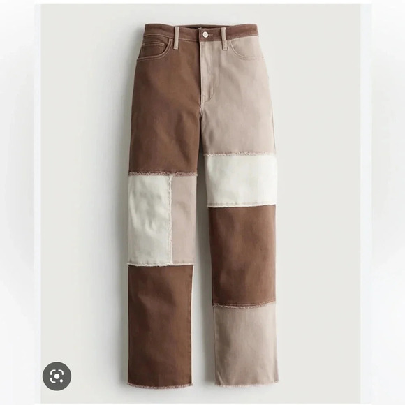 HOLLISTER ULTRA HIGH-RISE BROWN PATCHWORK DAD JEANS SIZE 9 - Picture 5 of 11